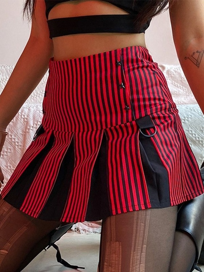 Gothic Patchwork Striped Pleated Mini Skirt