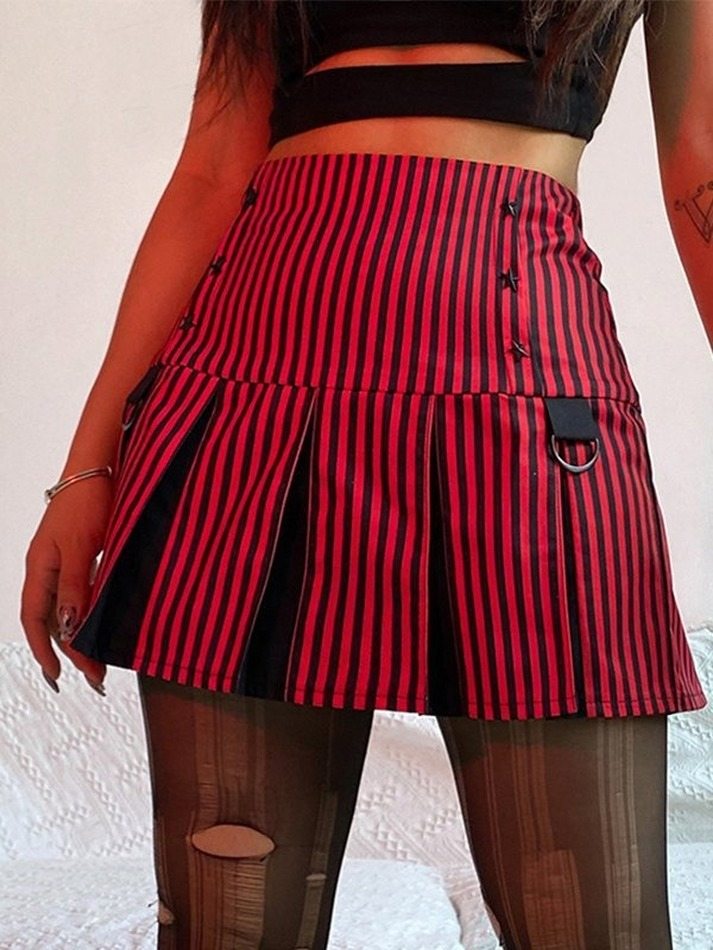 Gothic Patchwork Striped Pleated Mini Skirt