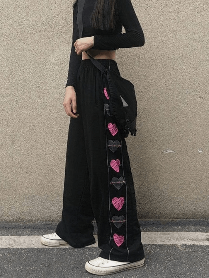 Heart Print Lined Straight Leg Pants - MomyMall Black / S