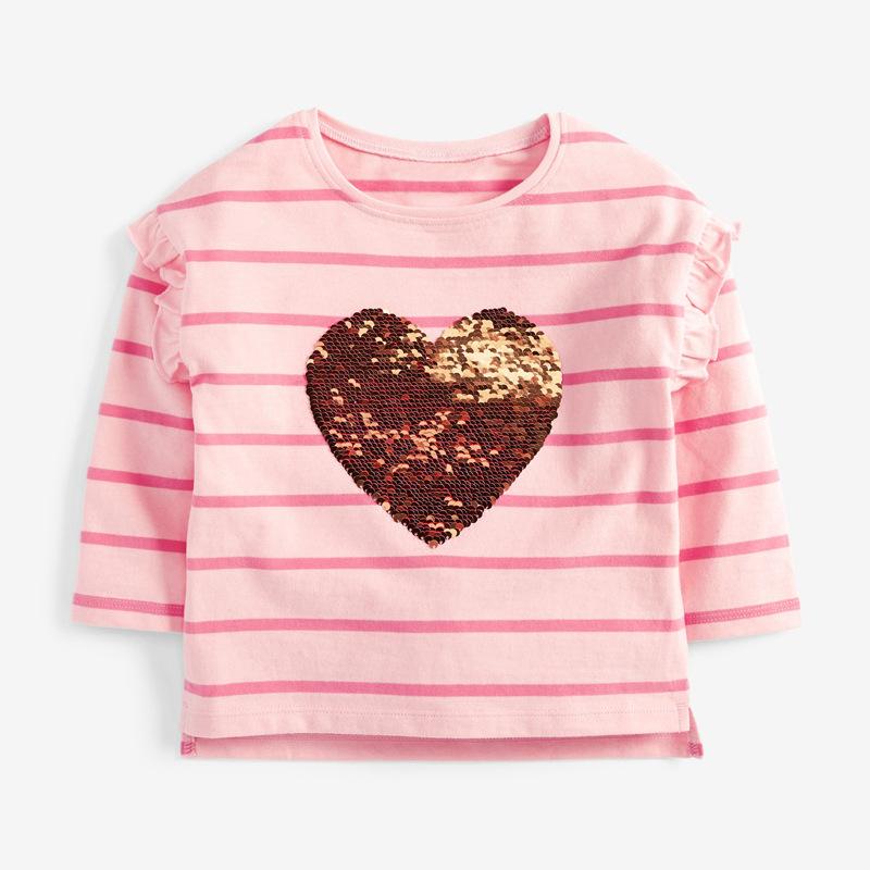 Sequined Heart Striped Long Sleeve Top - MomyMall