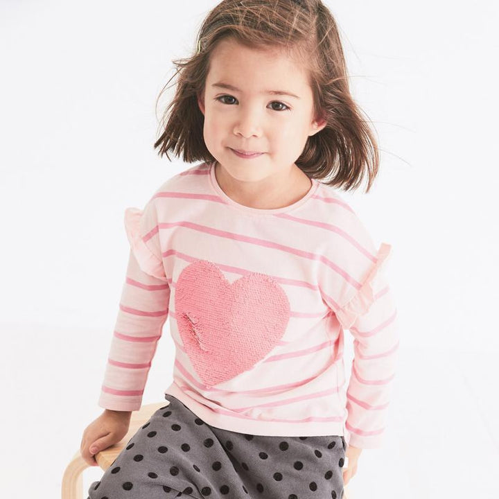 Sequined Heart Striped Long Sleeve Top - MomyMall