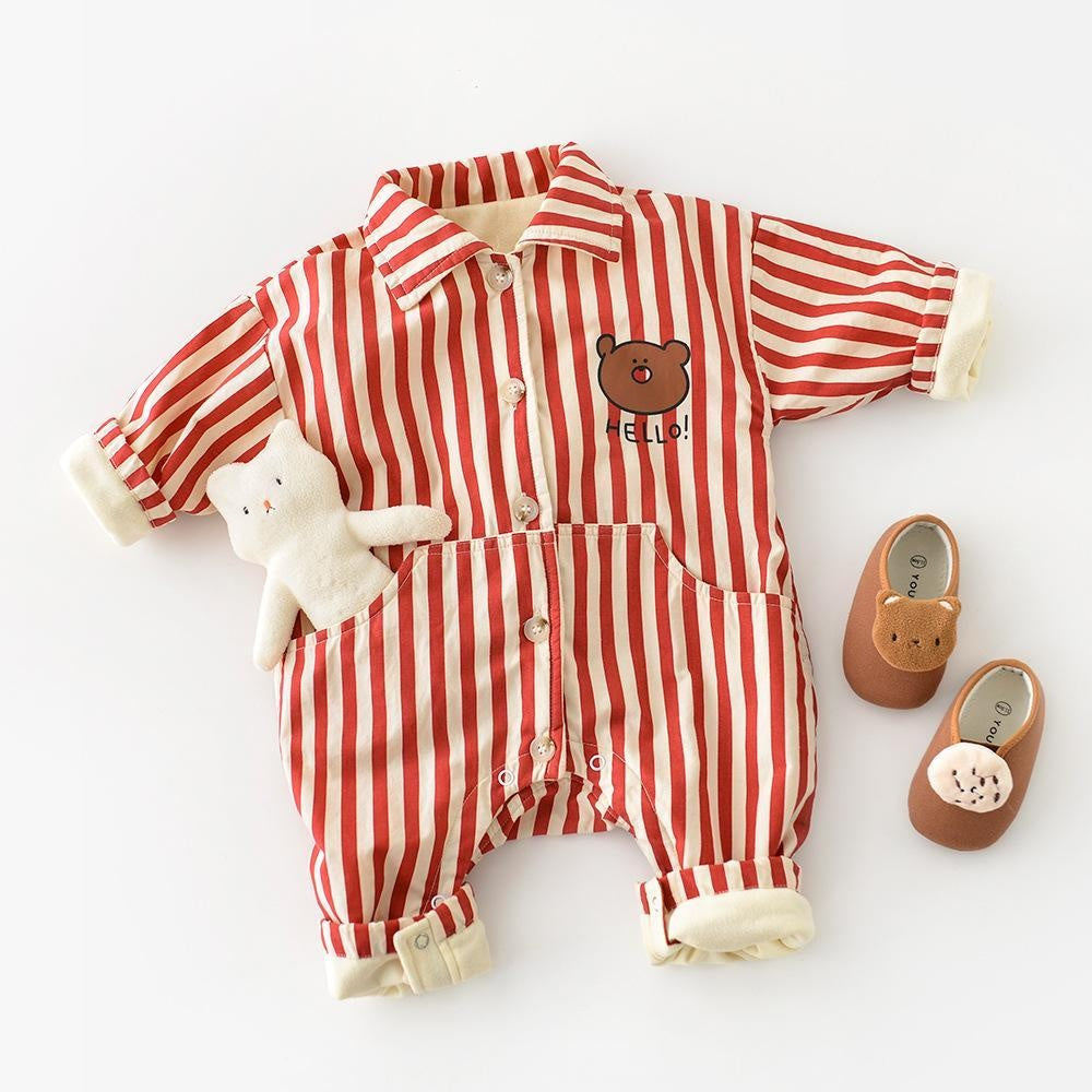 Hello Bear Striped Plush Baby Romper - MomyMall Red / 0-6 Months