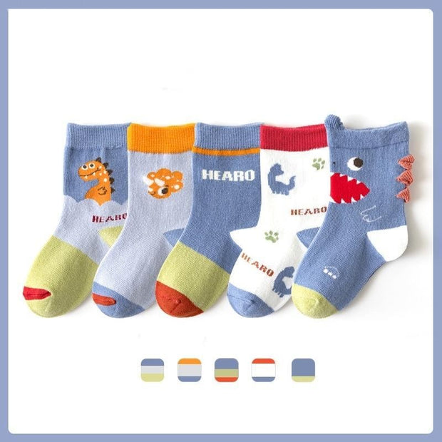 Hello Dino Cartoon Socks [Set of 5] - MomyMall 1-3 Years / Big Mouth Blue