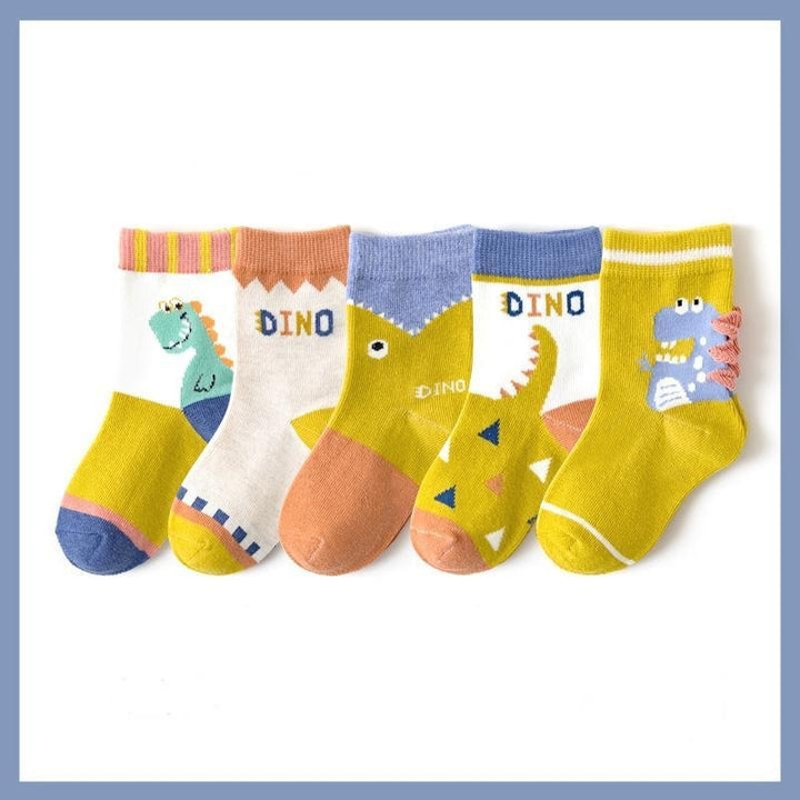Hello Dino Cartoon Socks [Set of 5] - MomyMall 1-3 Years / Cute Mustard