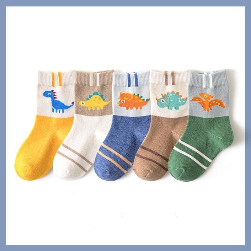 Hello Dino Cartoon Socks [Set of 5] - MomyMall 1-3 Years / Tiny Striped