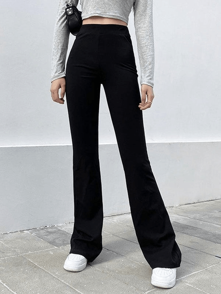 High Waist Solid Flare Leg Pants - MomyMall Black / S