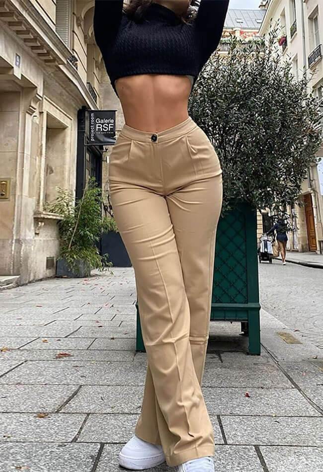 High Waist Solid Straight Pants - MomyMall Khaki / M