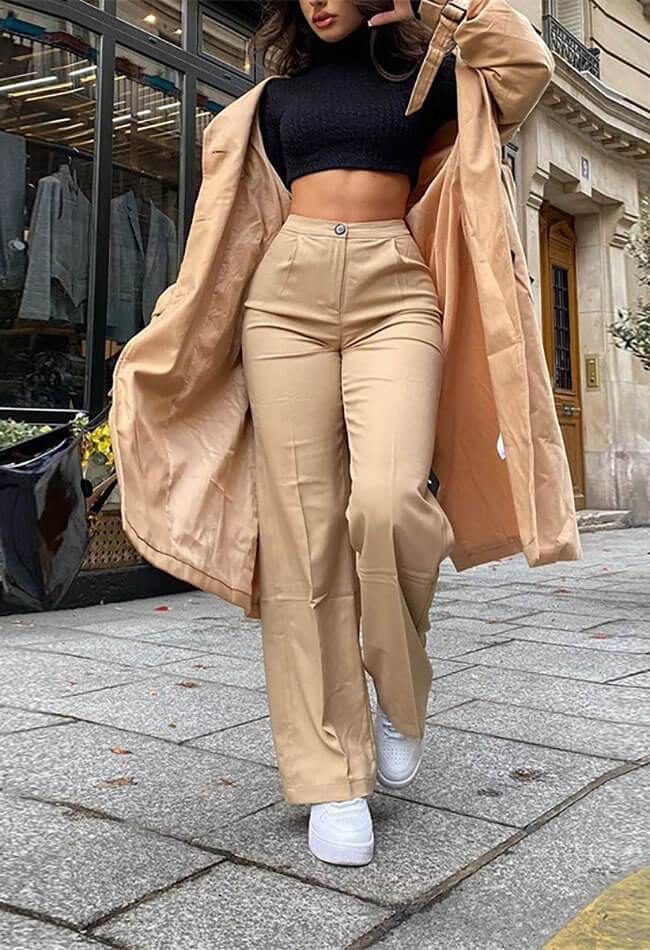 High Waist Solid Straight Pants - MomyMall