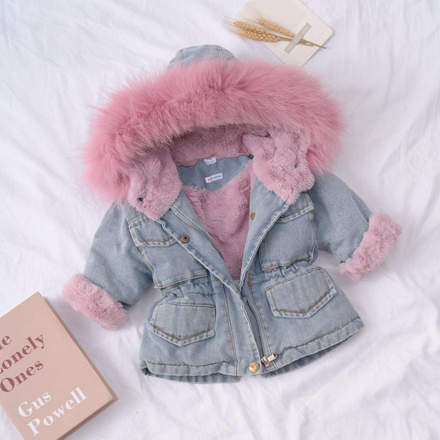 Holly Oversized Denim Fur Hooded Winter Coat Jacket - MomyMall 12-18 Months / Pink