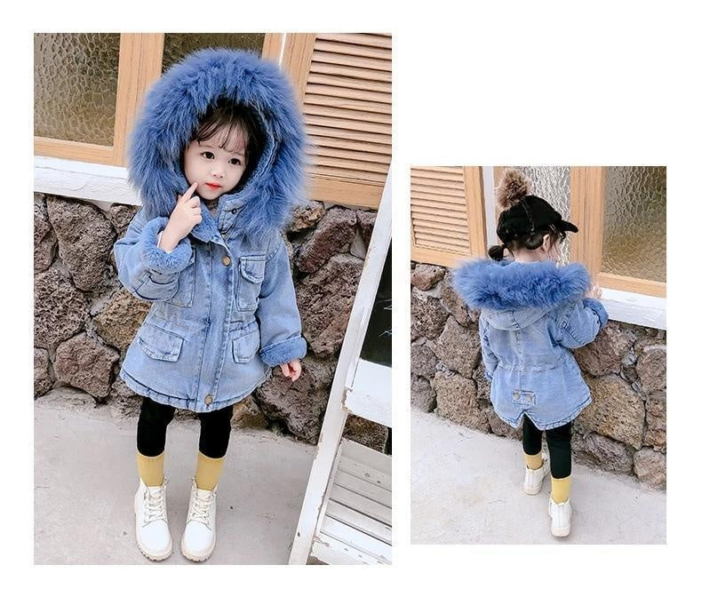 Holly Oversized Denim Fur Hooded Winter Coat Jacket - MomyMall