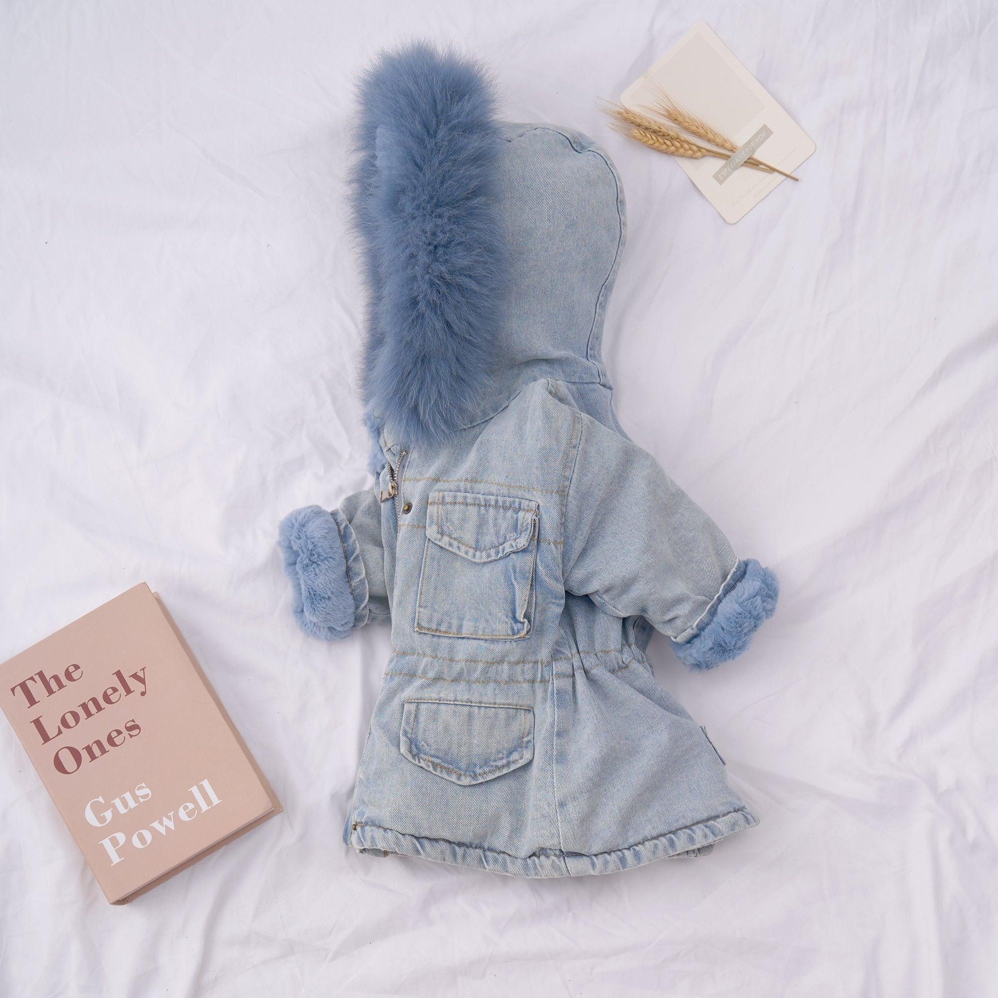 Holly Oversized Denim Fur Hooded Winter Coat Jacket - MomyMall