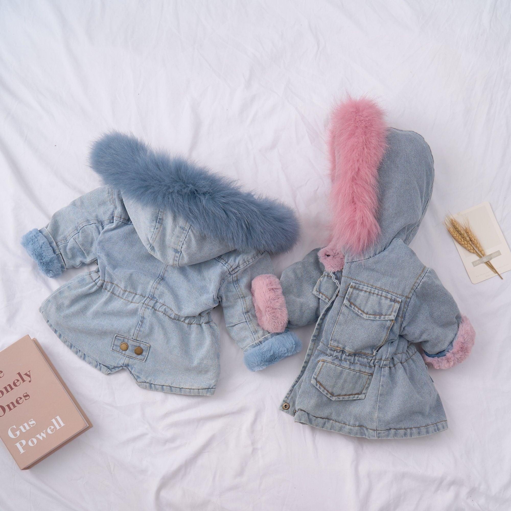 Holly Oversized Denim Fur Hooded Winter Coat Jacket - MomyMall