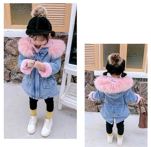 Holly Oversized Denim Fur Hooded Winter Coat Jacket - MomyMall