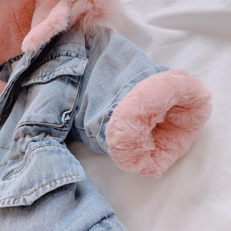 Holly Oversized Denim Fur Hooded Winter Coat Jacket - MomyMall