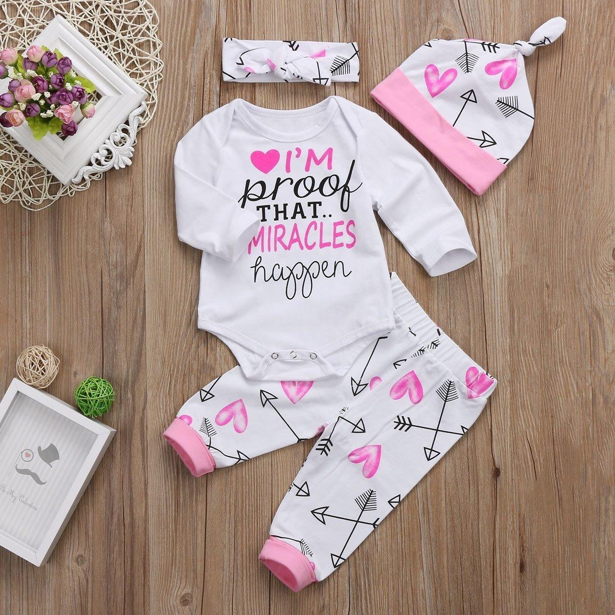 4 Pcs Newborn Baby Girls Clothes Miracles Letter Romper Outfit Pants Set +Hat+Headband - MomyMall