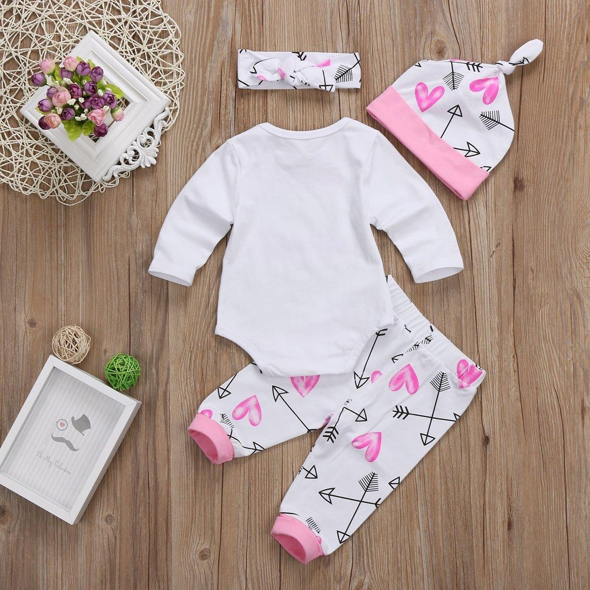 4 Pcs Newborn Baby Girls Clothes Miracles Letter Romper Outfit Pants Set +Hat+Headband - MomyMall