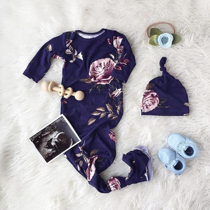 Cute Newborn Flower Print Sleeping Bag Hat Set - MomyMall Dark Blue / Newborn