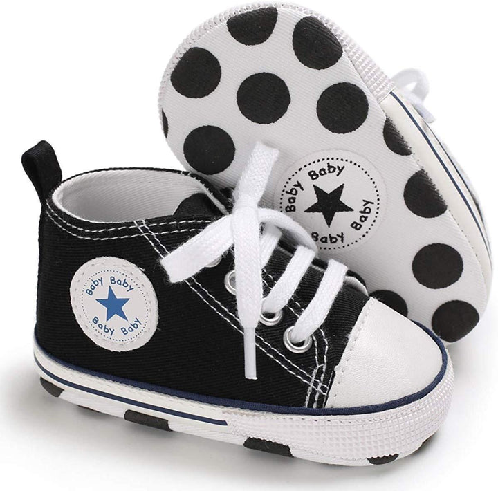Baby Boys Girls Star High Top Sneaker Soft Anti-Slip First Walkers Denim Shoes - MomyMall Black / 3-6Months