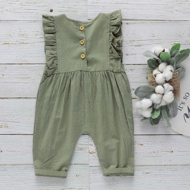 Baby Linen Ruffled Overalls Jumpsuit - MomyMall Green / 12-18 Months