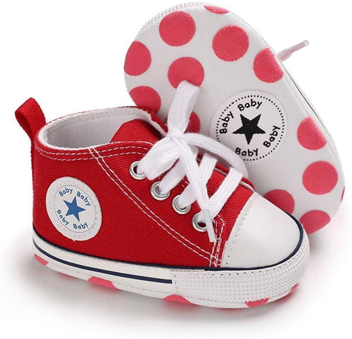 Baby Boys Girls Star High Top Sneaker Soft Anti-Slip First Walkers Denim Shoes - MomyMall Red / 3-6Months