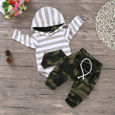 Baby Striped Camouflage Hooded Bodysuit and Drawstring Pants - MomyMall 0-3 Months