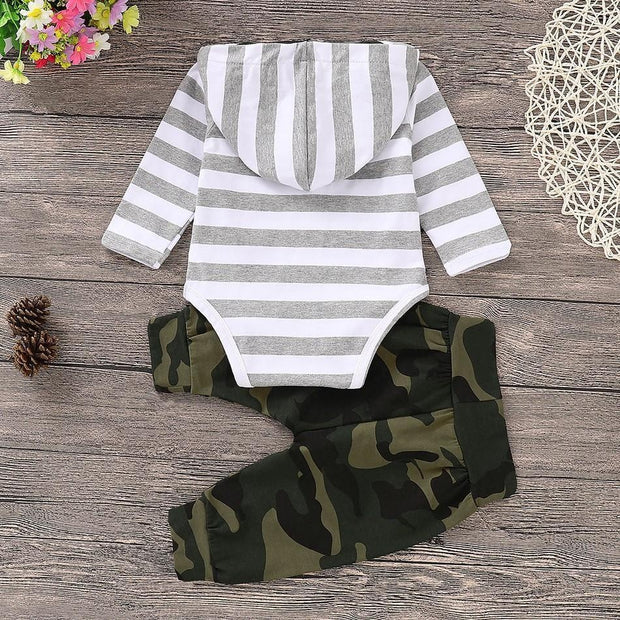 Baby Striped Camouflage Hooded Bodysuit and Drawstring Pants - MomyMall