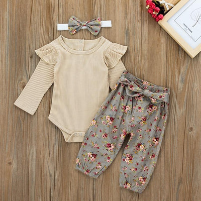 Baby Girl Lovely Bodysuit and Flower Pants Set - MomyMall Khaki / 0-3 Months