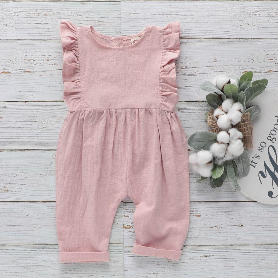 Baby Linen Ruffled Overalls Jumpsuit - MomyMall