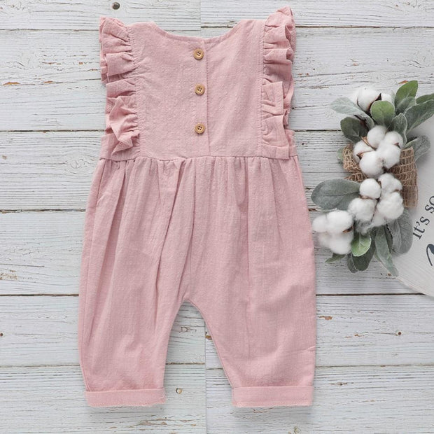 Baby Linen Ruffled Overalls Jumpsuit - MomyMall Pink / 3-6 Months