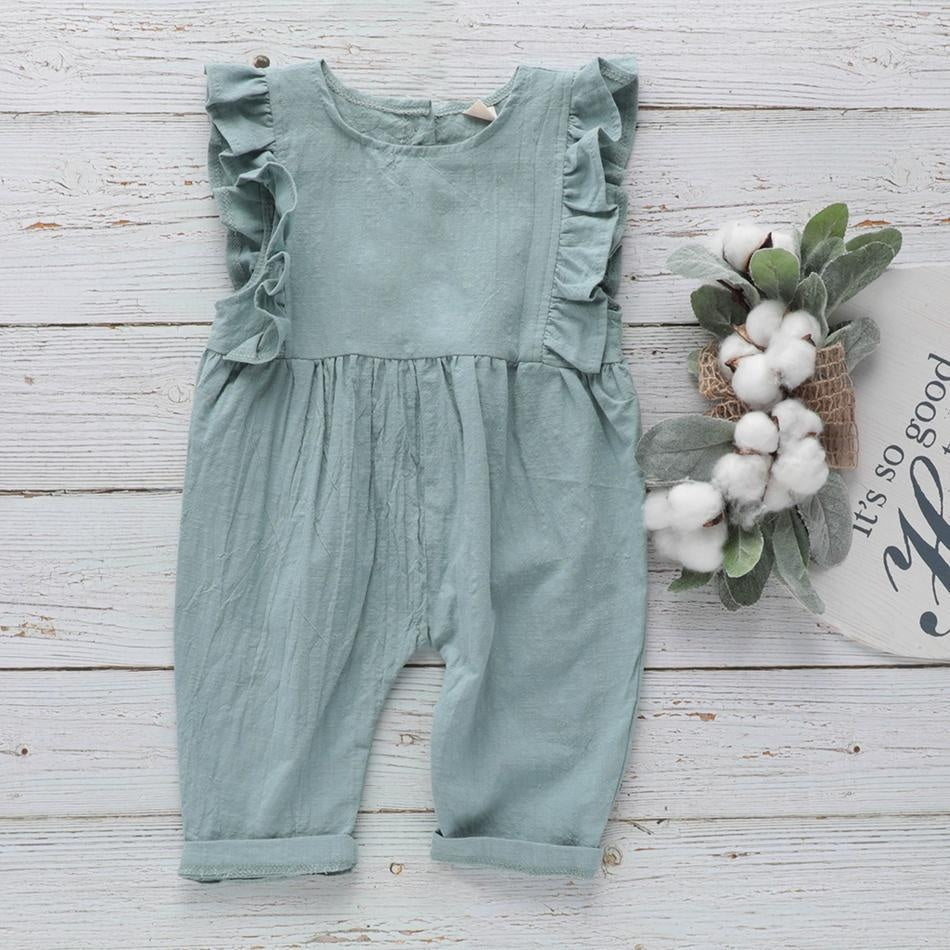 Baby Linen Ruffled Overalls Jumpsuit - MomyMall