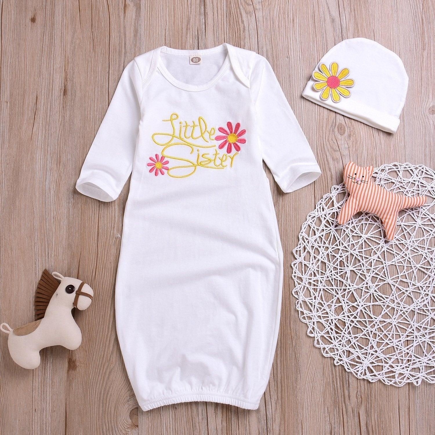 Baby NewBorn Little Sister Floral Print Pajamas and Hat - MomyMall