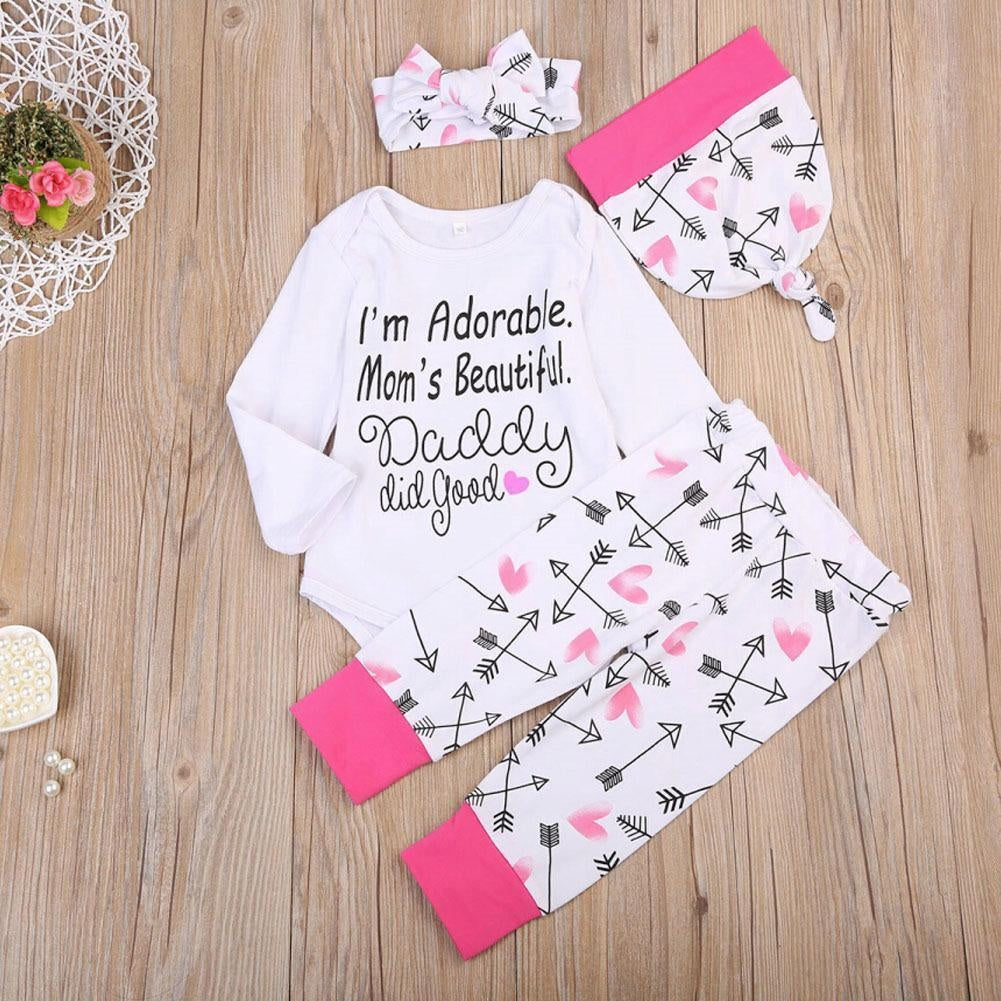 4 Pcs Newborn Baby Girls Clothes Hearts And Arrow Pattern Romper Outfit Pants Set +Hat+Headband - MomyMall