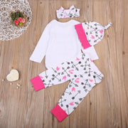 4 Pcs Newborn Baby Girls Clothes Hearts And Arrow Pattern Romper Outfit Pants Set +Hat+Headband - MomyMall