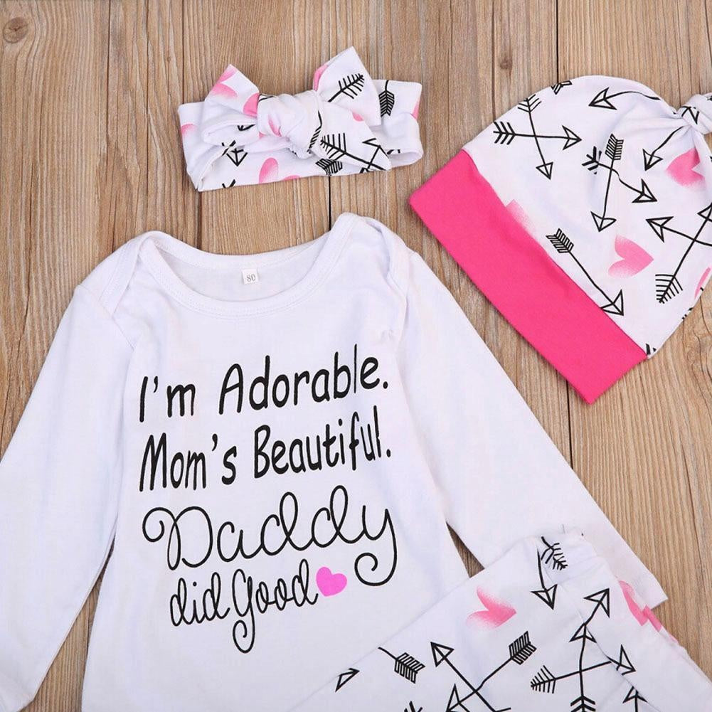 4 Pcs Newborn Baby Girls Clothes Hearts And Arrow Pattern Romper Outfit Pants Set +Hat+Headband - MomyMall