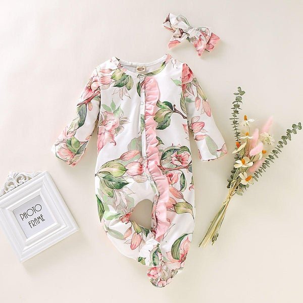 Baby Girl Lovely Floral Print Jumpsuit with Headband - MomyMall White / 0-3 Months