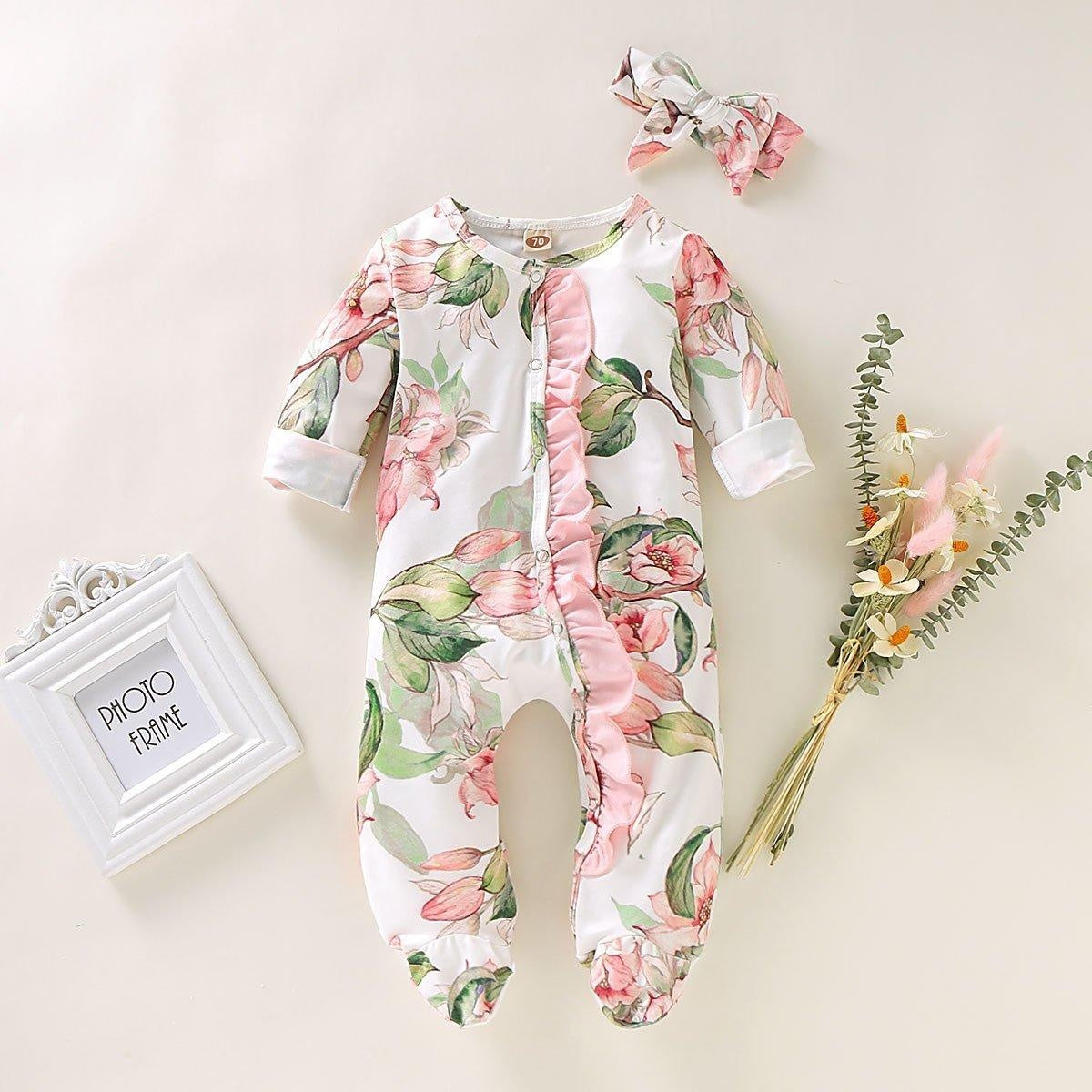 Baby Girl Lovely Floral Print Jumpsuit with Headband - MomyMall