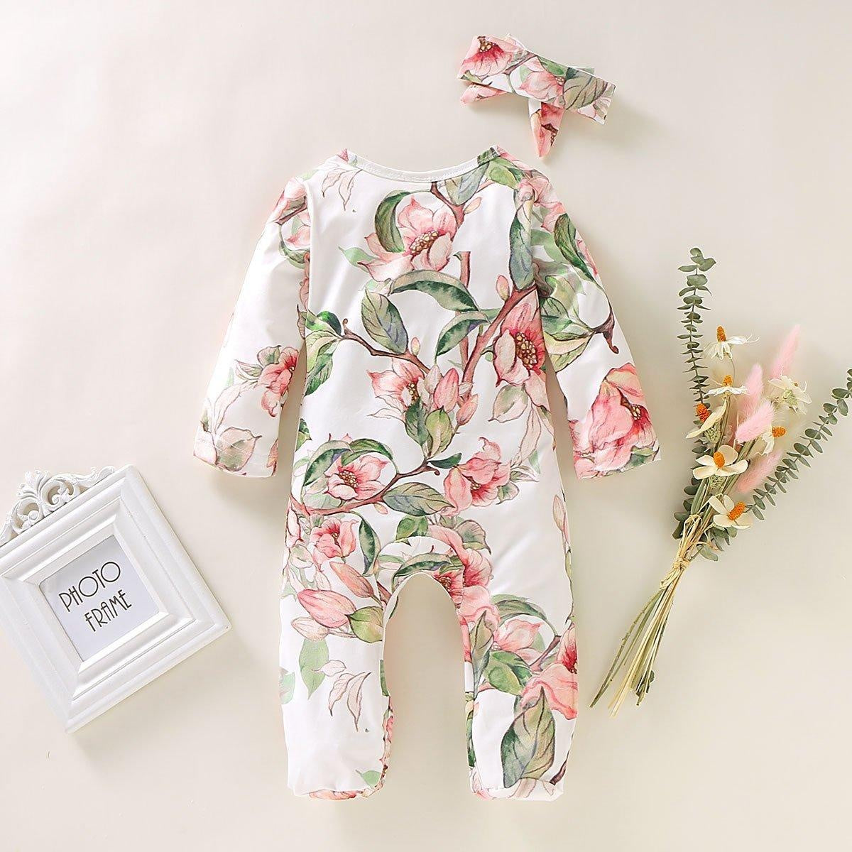 Baby Girl Lovely Floral Print Jumpsuit with Headband - MomyMall