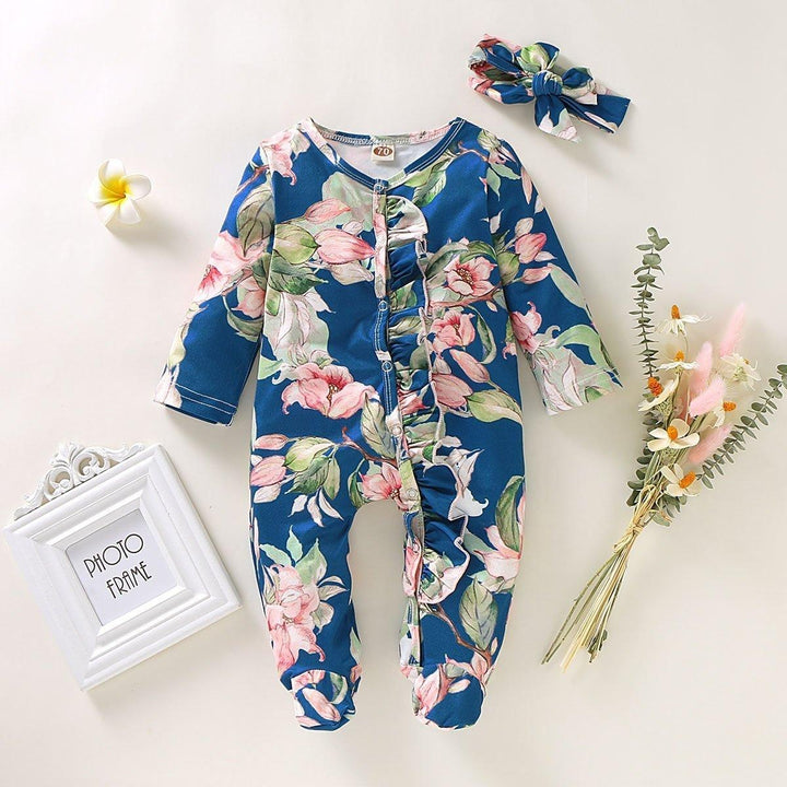 Baby Girl Lovely Floral Print Jumpsuit with Headband - MomyMall