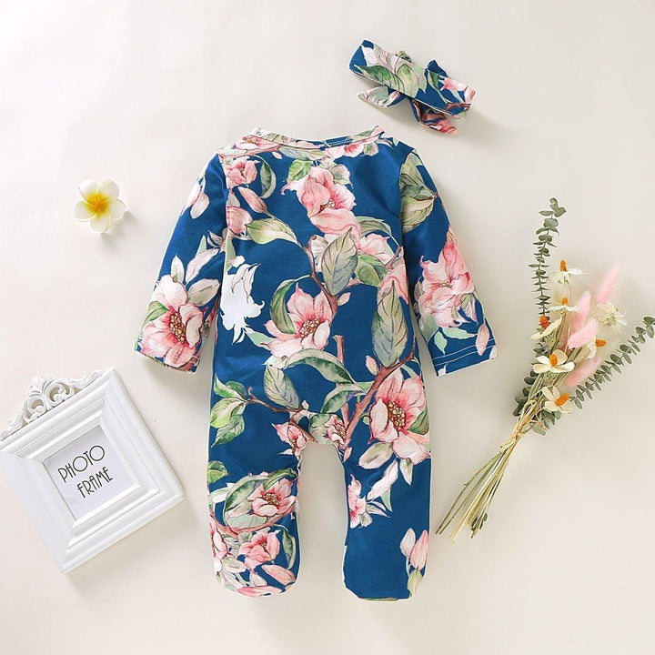Baby Girl Lovely Floral Print Jumpsuit with Headband - MomyMall