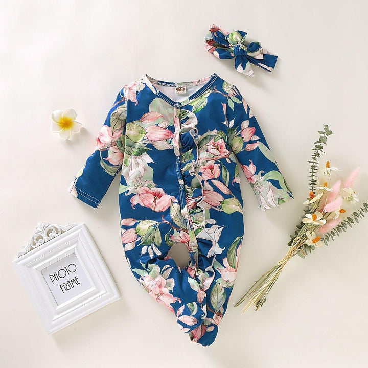 Baby Girl Lovely Floral Print Jumpsuit with Headband - MomyMall Blue / 0-3 Months
