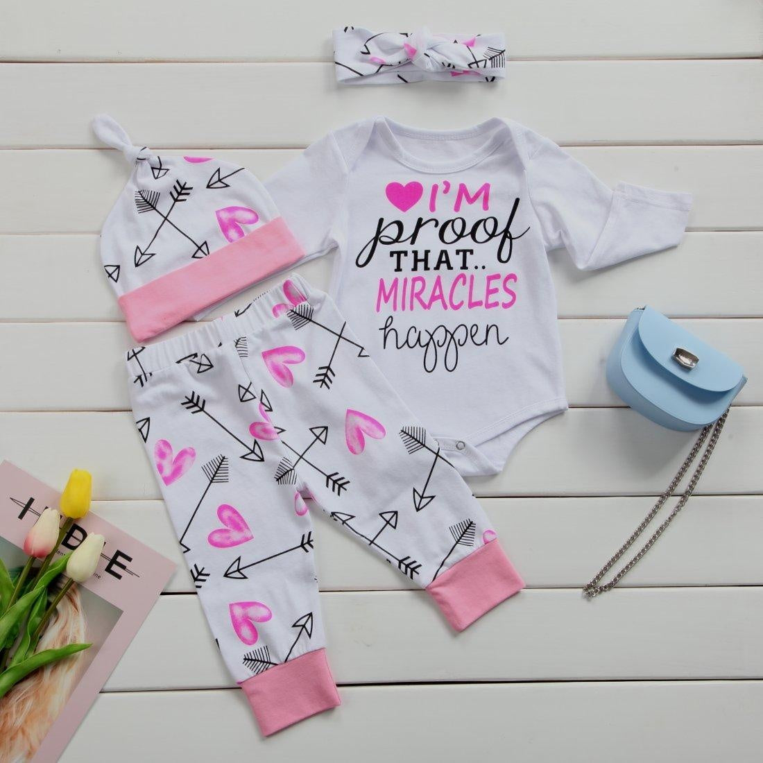 4 Pcs Newborn Baby Girls Clothes Miracles Letter Romper Outfit Pants Set +Hat+Headband - MomyMall