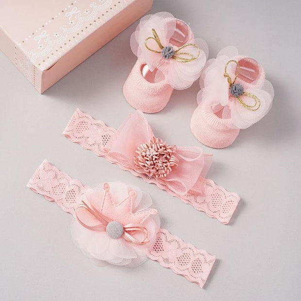 Baby Lovely Lace Crown Bow Headband and Floral Socks - MomyMall Pink / 0-12 Months