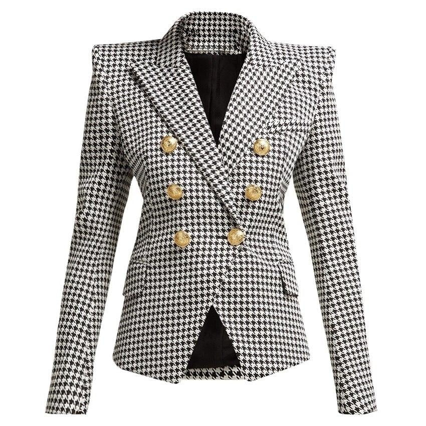 Houndstooth Gold Button Blazer - MomyMall