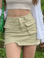 Irregular Cut-Off Denim Cargo Mini Skirt