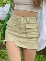 Irregular Cut-Off Denim Cargo Mini Skirt