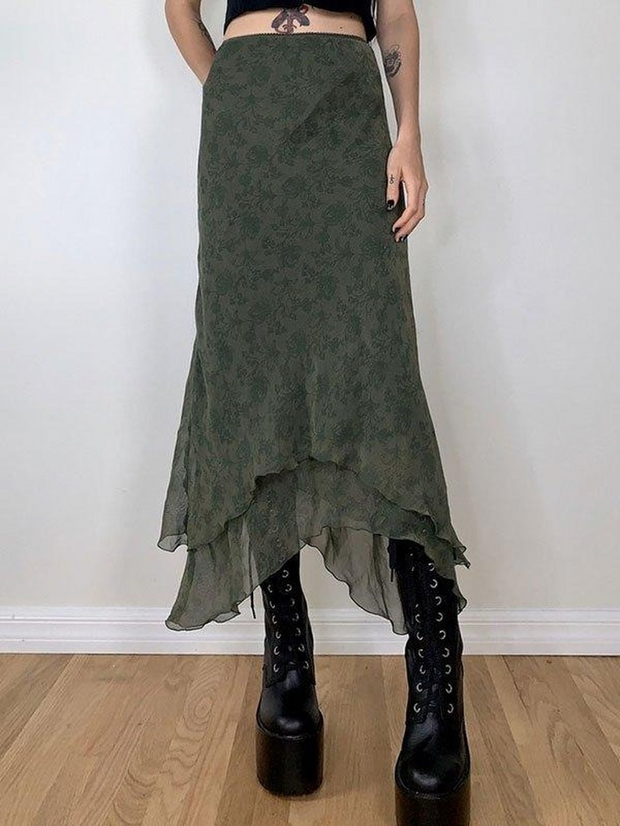 Irregular Floral Pattern Midi Skirt - MomyMall Green / S