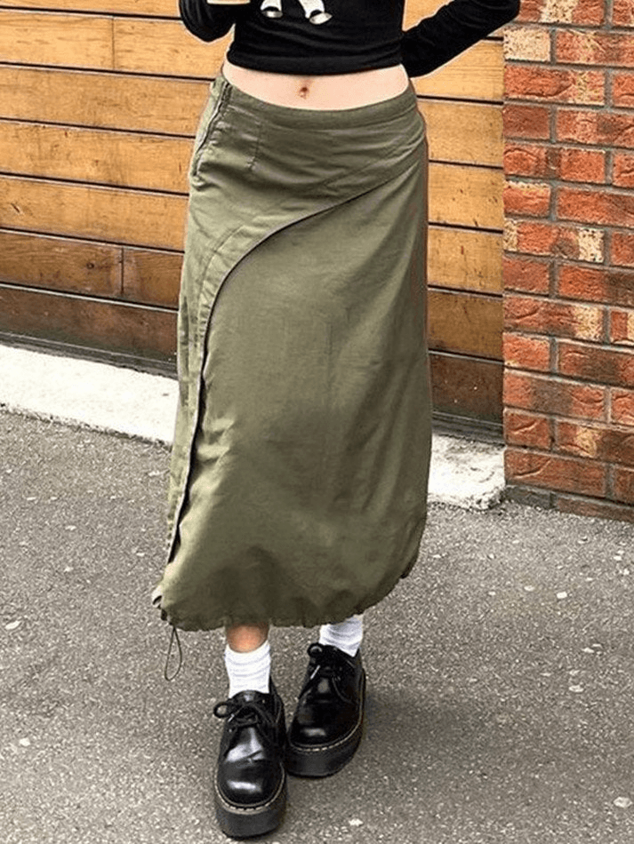 Irregular Patchwork Parachute Long Cargo Skirt - MomyMall Green / S