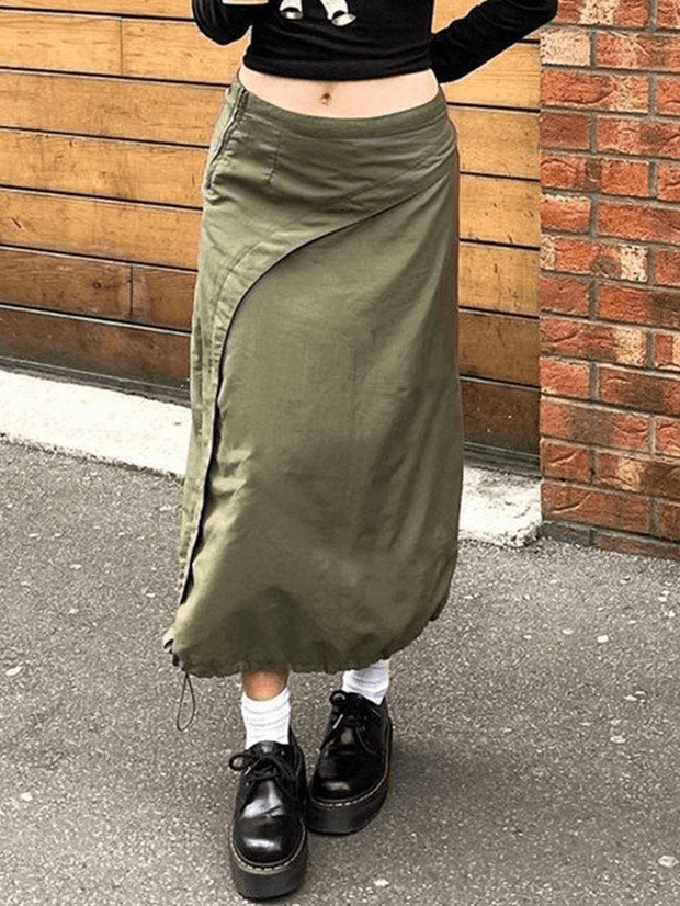Irregular Patchwork Parachute Long Cargo Skirt - MomyMall Green / S