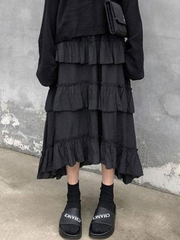 Irregular Tiered Midi Skirt - MomyMall Black / ONE SIZE