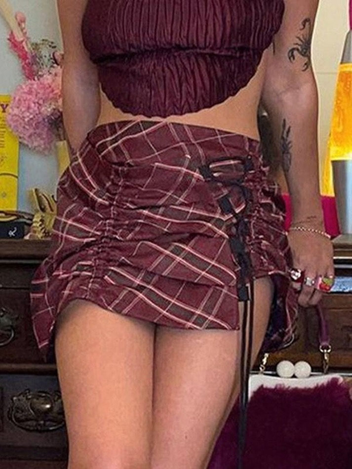 Lace Up Ruched Checkered Mini Skirt